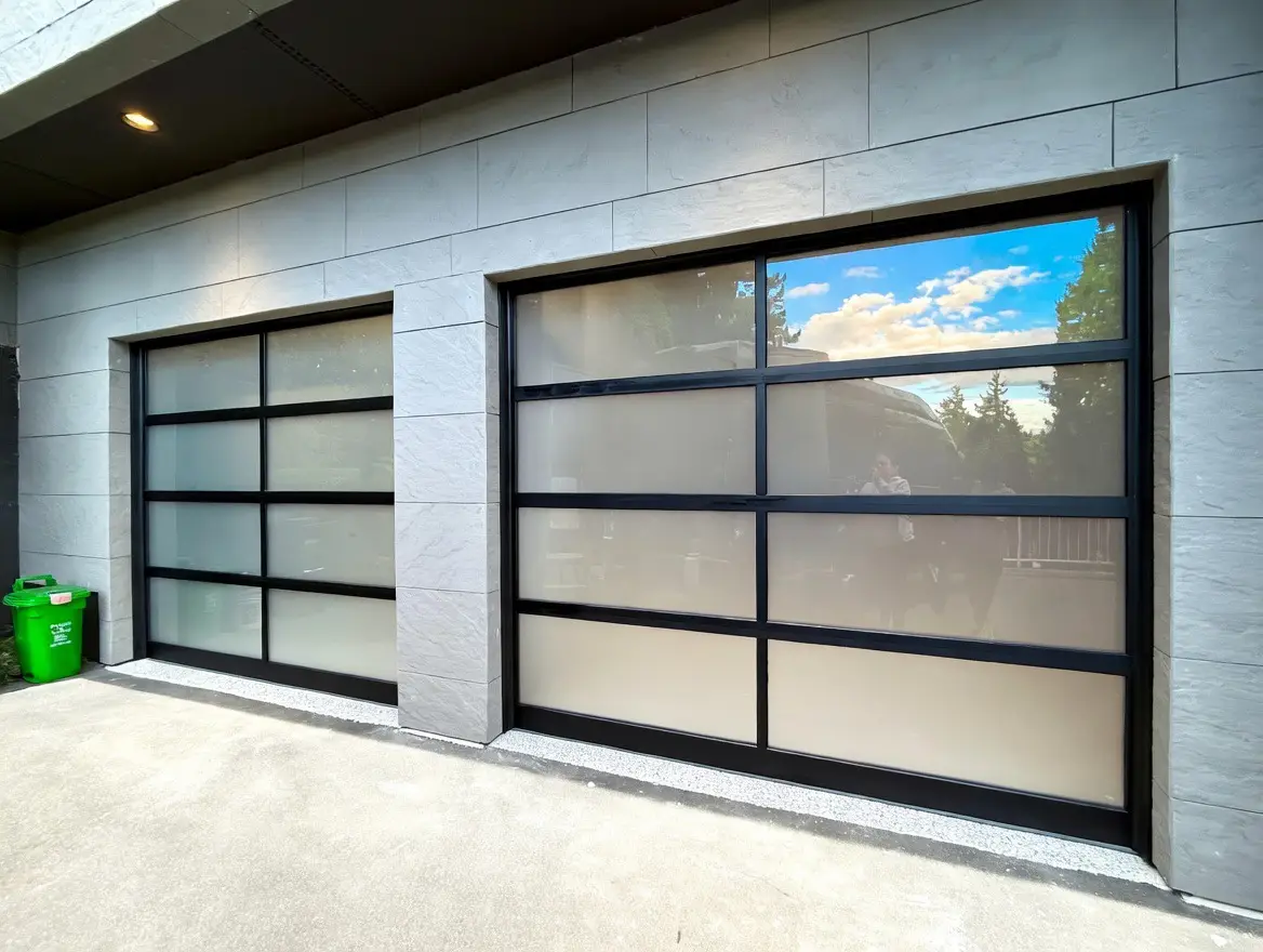 Commercial style full view glass garage doors