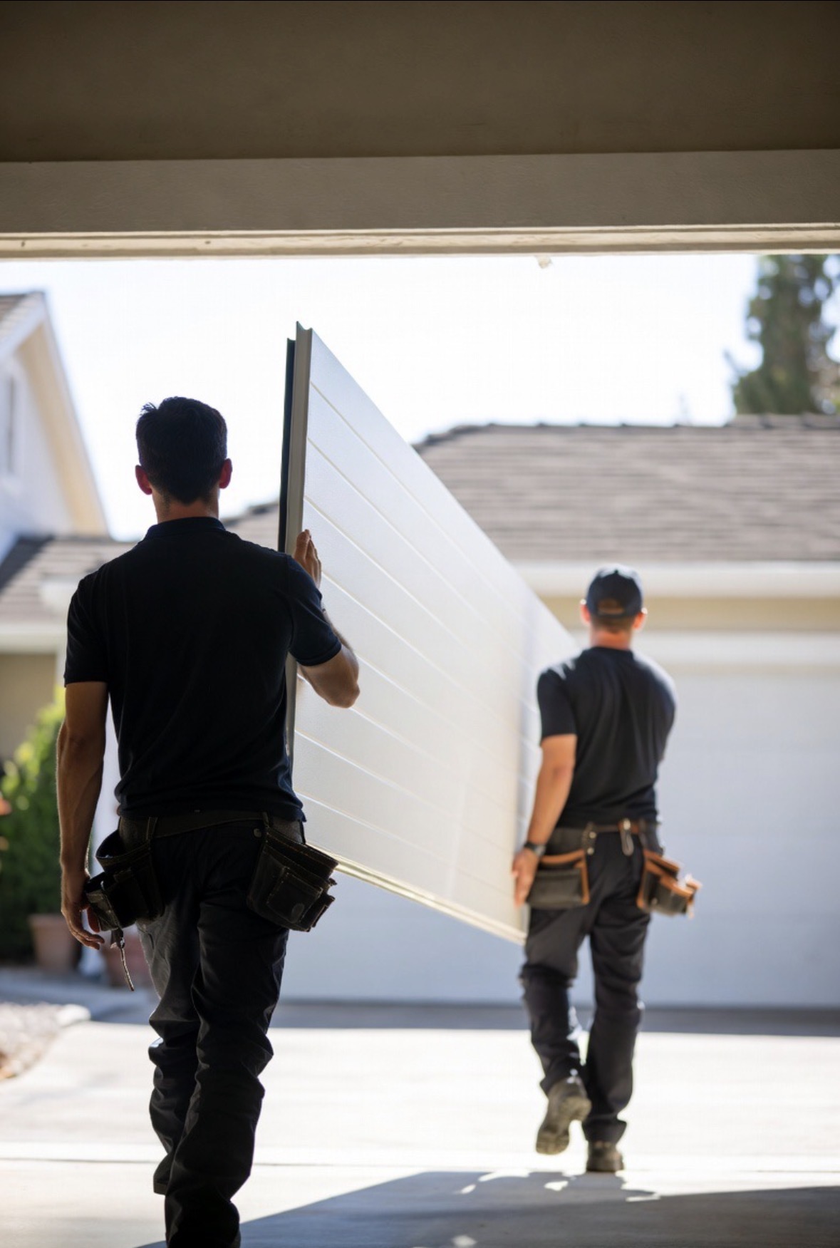 SteelGuard technicians carrying garage door panel