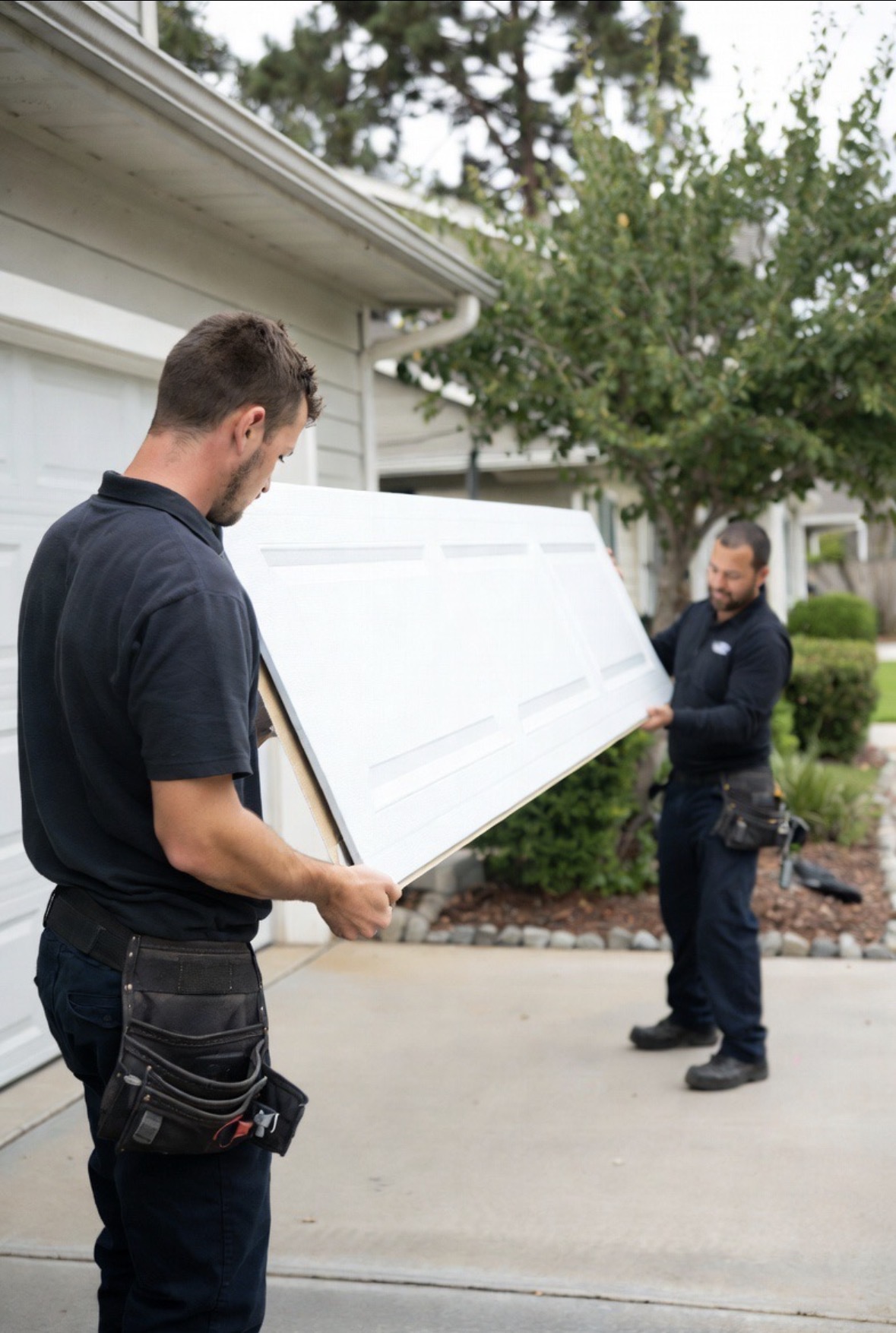 Garage door installation team carrying panel