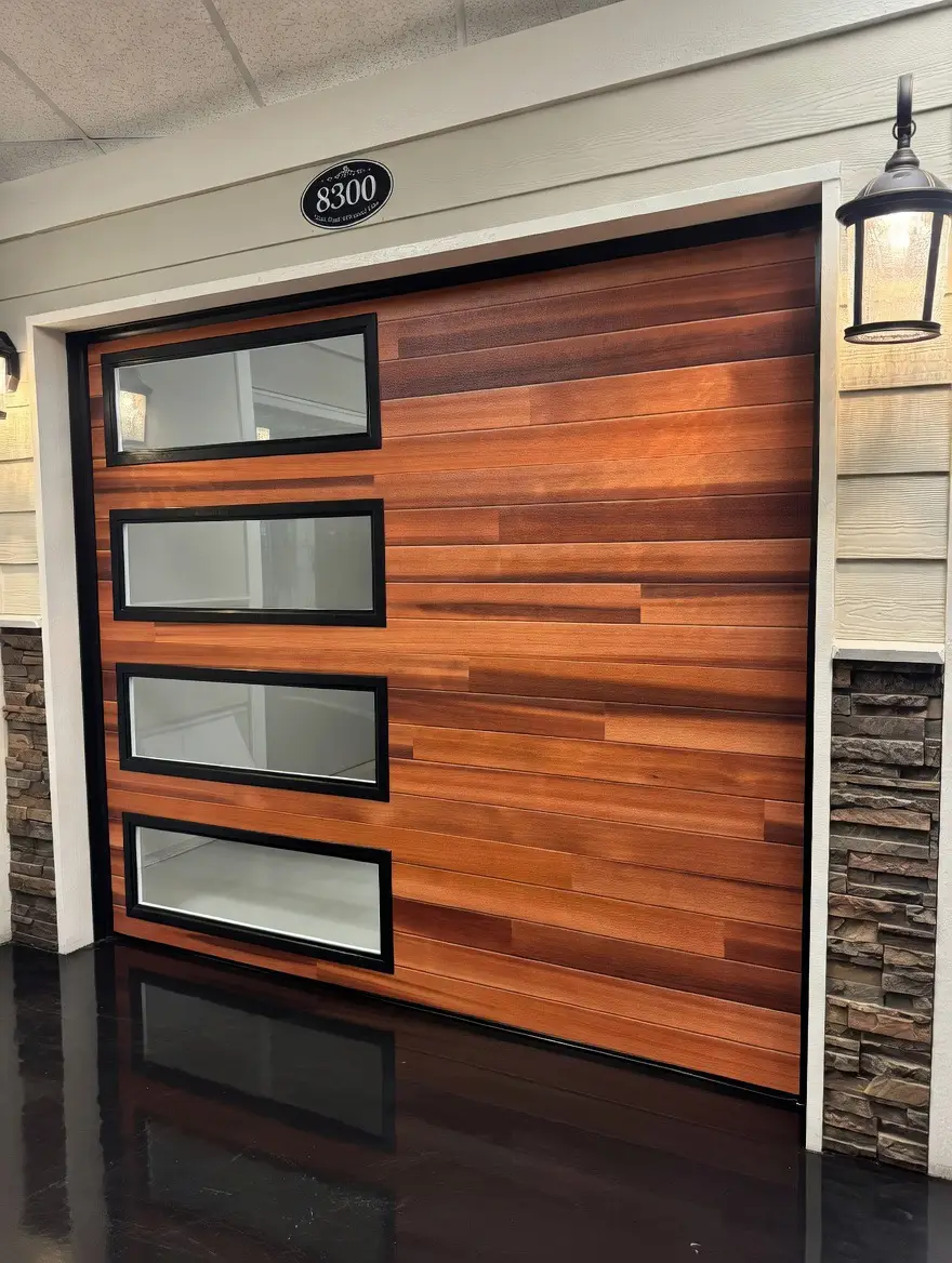 Modern Wooden-style garage door installation