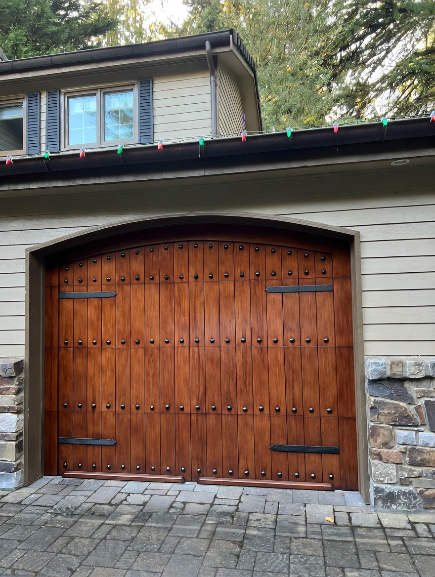 Carriage style wood-look garage door