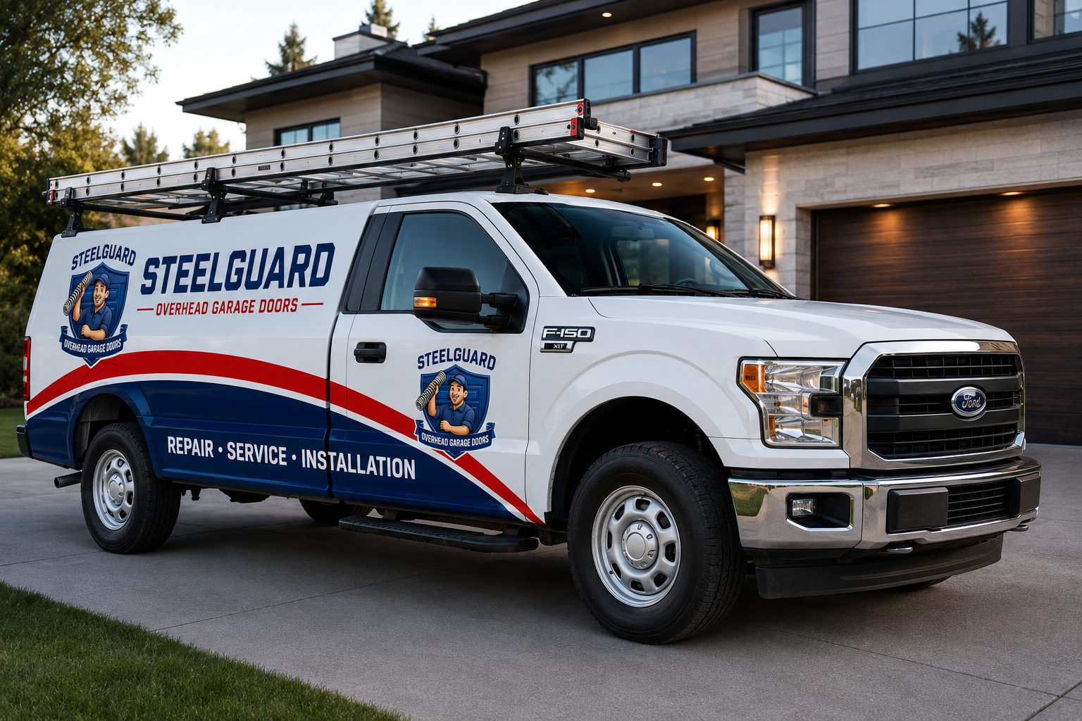 SteelGuard branded truck parked in front of a home